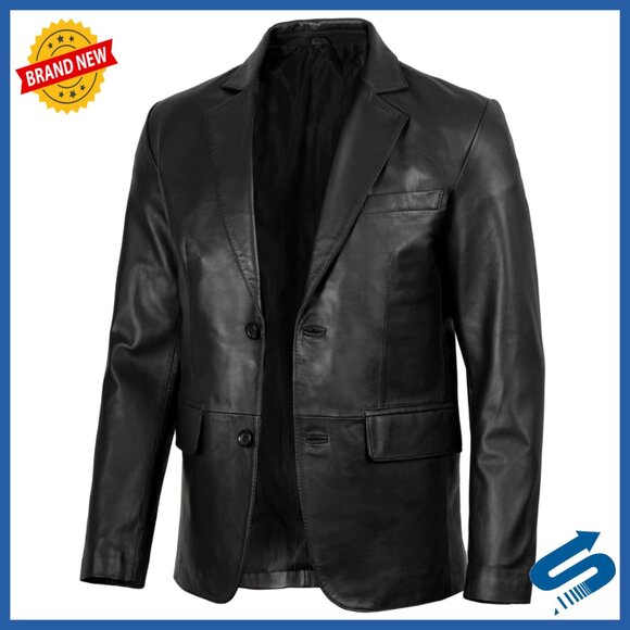 Men's Lambskin Leather Blazer Two-Button Closure Notch Lapel Regular Fit